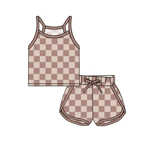 GSSO2335 Baby Girls Brown Strap Plaid Top Short Sport Set Preorder
