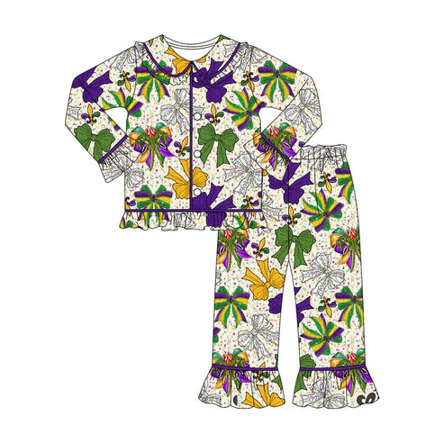 9.18 GLP2835 Baby Girls Mardi Gras Anchors Bows Button Top Pants Christmas Pajamas Sets Preorder