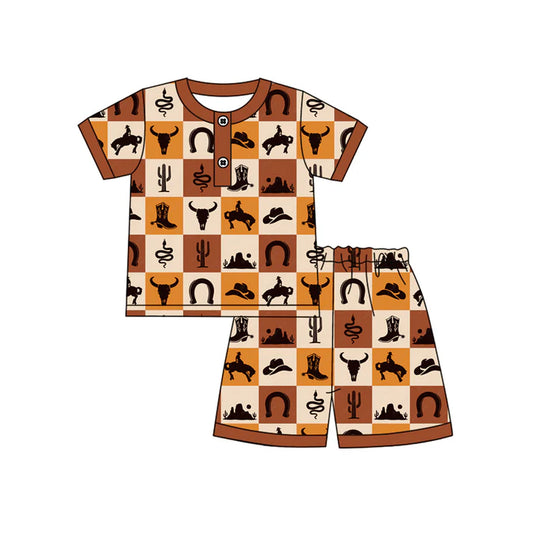 6.18 BSSO1530 Baby Boys Khaki Short Sleeves Bull Skull Button Top Short Pajamas Set Preorder