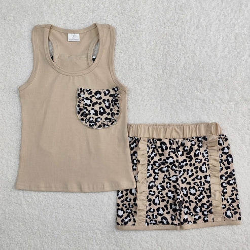 L-3.10 GSSO1979 Baby Girls Khaki Pocket Bow Vest Ruffle Leopard Shorts Set