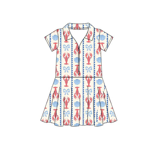 4.17 GSD2406 Baby Girls Short Sleeves Bows Crayfishes Zipper Knee Length Dresses Preorder