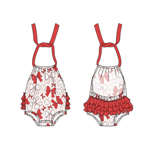SR2885 Baby Infant Girls Red Bows Baseball Halter Rompers preorder