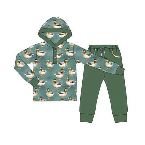 9.2 BLP1260 Baby Boys Green Button Ducks Plaid Hoodies Pockets Pant Clothes Set Preorder