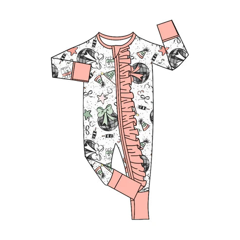 8.16 LR2571 Baby Girls Happy New Year Ruffle Zipper Footie Rompers Preorder