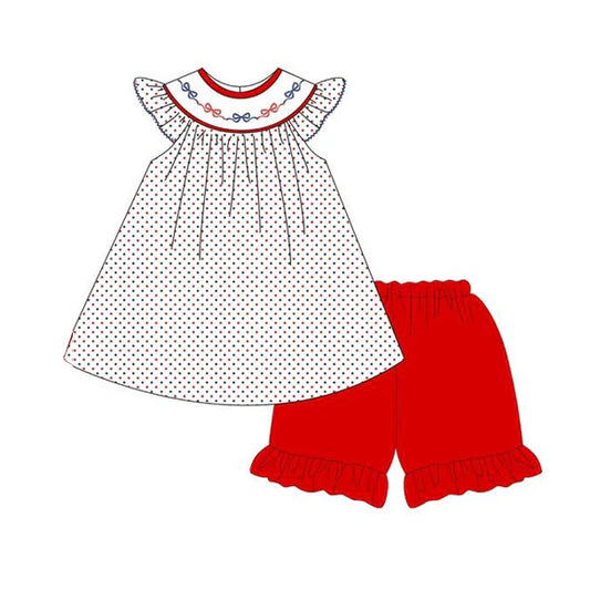 12.4 MOQ：5pcs GSSO2967 pre-order baby girl clothes bows print toddler girl 4th of July summer outfit