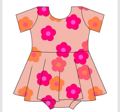 4.3 SR3004 Baby Infant Girls Short Sleeves Pink Flowers Dress Skort Rompers Preorder