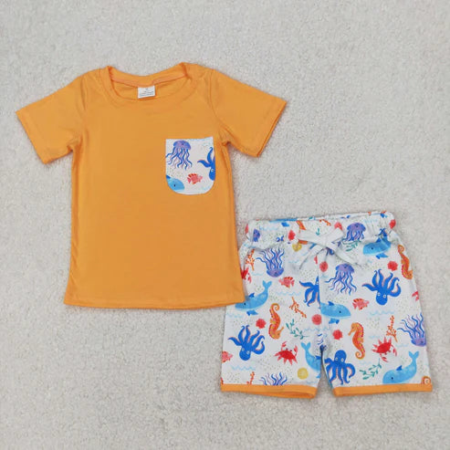3.29 BSSO1299 Baby Boys Orange Pocket Top Sea Animals Shorts Clothes Set