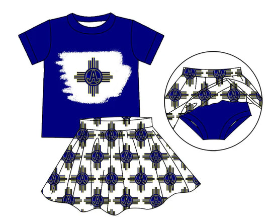 7.7 Custom Moq 3 Baby Girls Blue JAL Top Bummie Skorts Team Sets