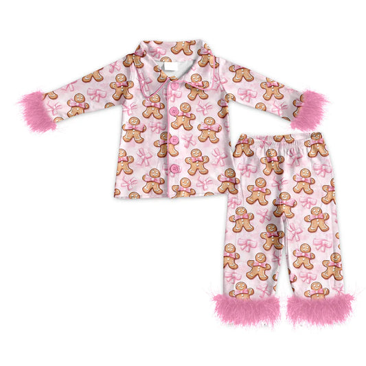 6.16 GLP2374 Baby Girls Pink Long Sleeves With Fur Bows Gingerbread Button Top Pants Pajamas Set Preorder