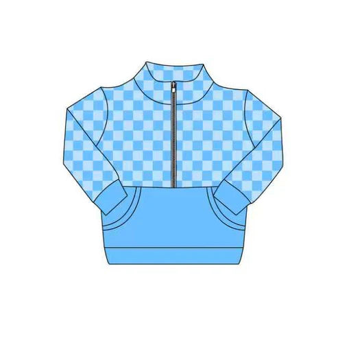 9.8 Custom Moq 5 Baby Girls Blue Checked Zipper Pockets Long Sleeves Pullovers Tops
