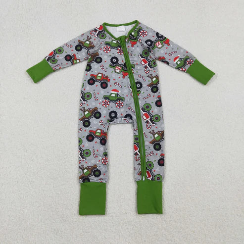 11.5 LR2669 Baby Boys Trucks Candy Cane Christmas Zipper Footie Romper