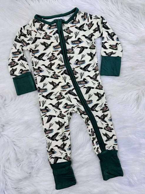 10.6 LR2744 Baby Boys Green Ducks Calls Plaid Zipper Footie Rompers Preorder