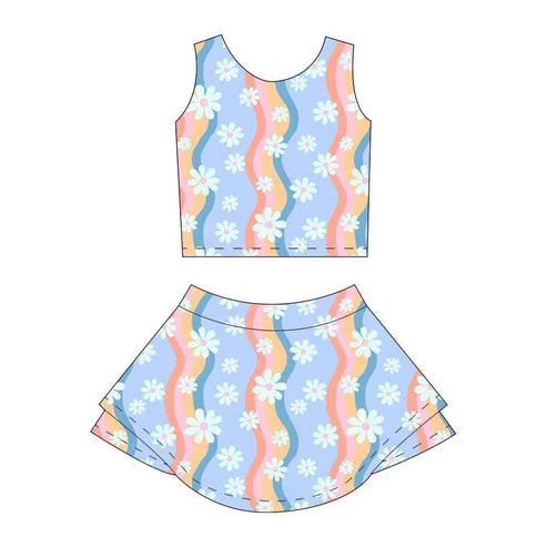 4.3 GSD2328 Baby Girls Sleeveless Floral Colorful Stripe Top Skort Yoga Set Preorder