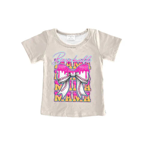 4.26  Preorder moq 3 Baby Girls Khaki Short Sleeves Mini Baseballs Bow Tee Shirts Top