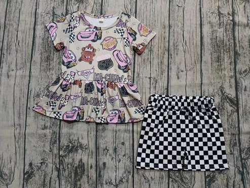 6.21 Custom Moq 3 Baby Girls Gray Short Sleeves Cartoon Cars Tunic Black Plaid Shorts Set