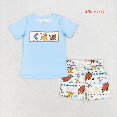 BSSO0882 Cartoon lion blue short sleeve beige shorts suit