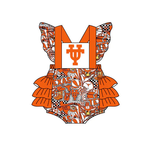 4.26 Preorder Moq 3 Baby Girls Team Orange Ruffle Rompers