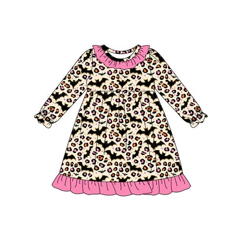 7.26 GLD1224 Baby Girls Long Ruffle Sleeves Leopard Bats Plaid Knee Length Dresses Preorder