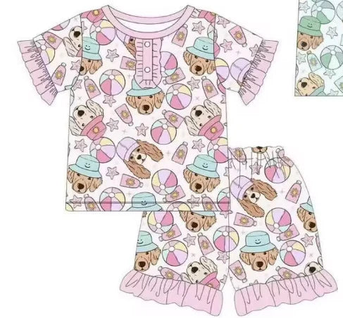 5.14 Girls cartoon balloon puppy short sleeve shorts set