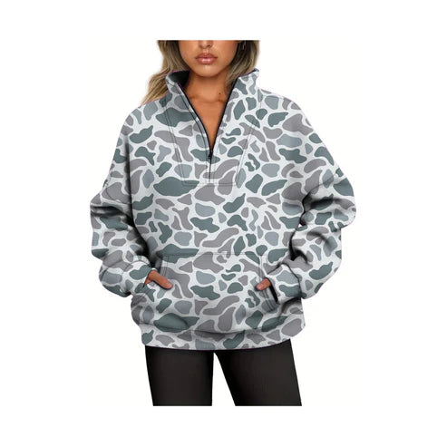 6.4 GT0832 Adult Women Grey Camo Long Sleeve Tee Shirts Zip Pullovers Tops Preorder