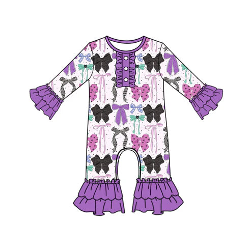 7.1 no moq LR2355 pre-order baby girl clothes bow purple long sleeve romper