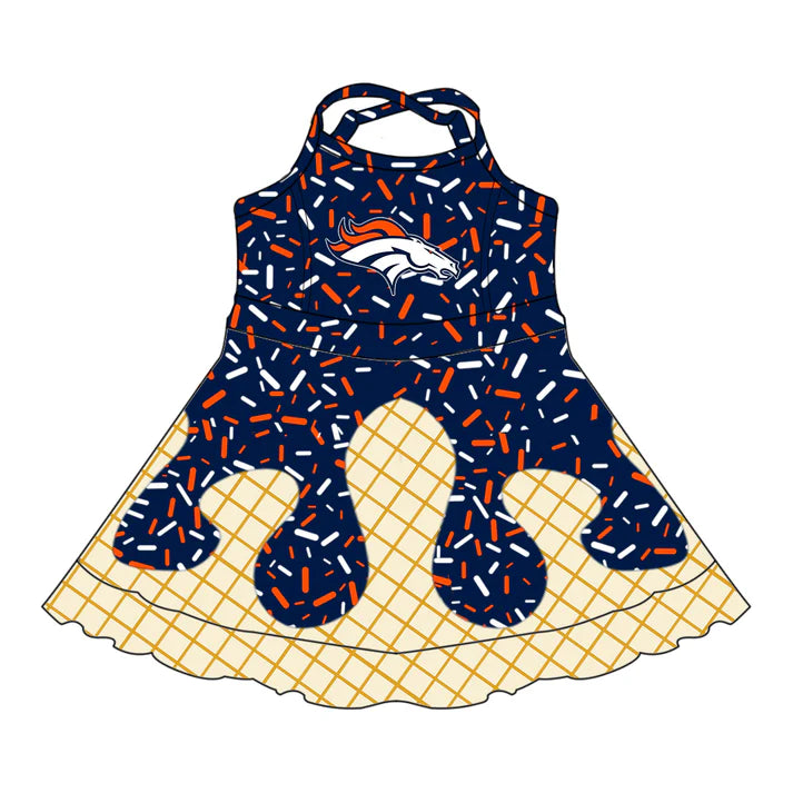 7.8 Custom Moq 3 Baby Girls Straps BRONCOS Plaid Short Ruffle Team Knee Length Dresses