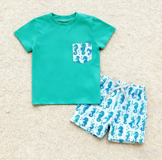 11.18 MOQ：5pcs BSSO1665 pre-order baby boy clothes seahorse toddler boy summer outfit
