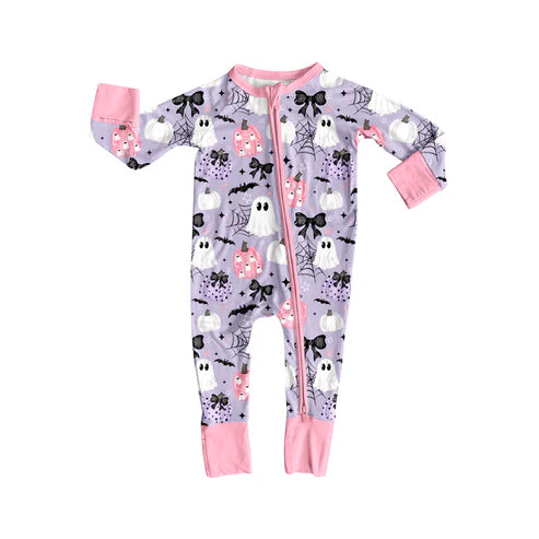 8.6 LR2527 Baby Girls Ghost Pumpkins Plaid Halloween Zipper Footie Rompers Preorder