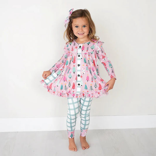 5.28 GLP1998 Baby Girls Christmas Pink Trees Pocket Tunic Top Legging Clothes Sets Preorder