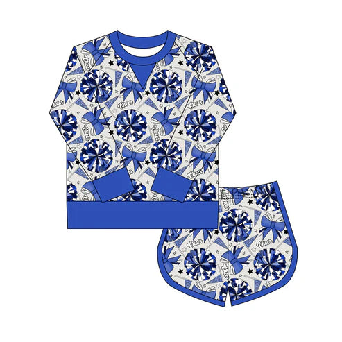 10.15 Custom Moq 8 Baby Girls Hot Blue Bows Go Footballs Long Sleeve Top Shorts Team Clothes Set