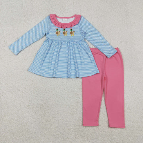 11.12 GLP2923 Embroidery Baby Girls Blue Stripe Ducks Tunic Pink Legging Pants Clothes Set