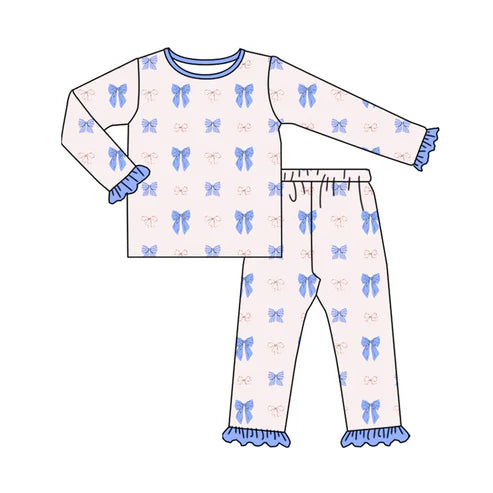 8.8 Custom Moq 5 Baby Girls Blue Pink Bows Plaid Top Ruffle Pant Pajamas Set
