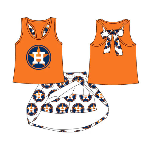 8.1 Custom Moq 5 Baby Girls Huston bow vest team Top Skirt Skort Sets