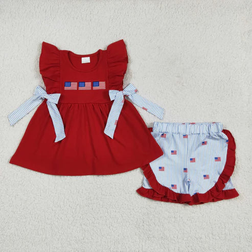 4.25 GSSO2375 Embroidery Baby Girls Red Flutter Sleeves Flags Bows Tunic Stripe Ruffle Short 4th Of July Set