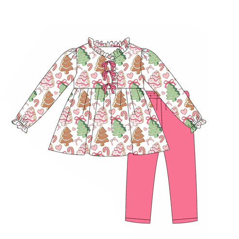 7.25 GLP2629 Baby Girls Long Ruffle Sleeves Christmas Trees Bows Tunic Legging Pants Set Preorder