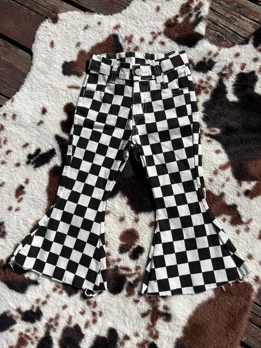 L-3.7  P0349 Baby Girls Black Checkered Bell Flare Denim Pants Jeans