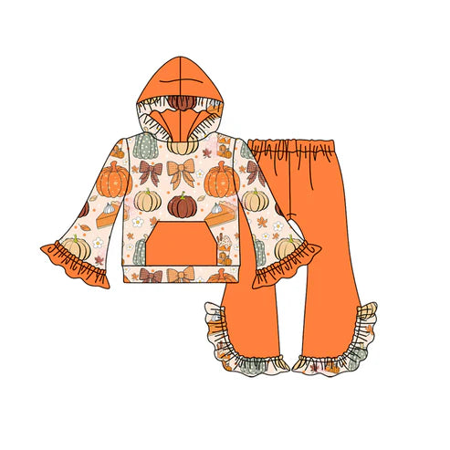 7.26  GLP2618 Baby Girls Long Sleeves Pumpkins Bows Plaid Tunic Bell Bottom Pants Set Preorder