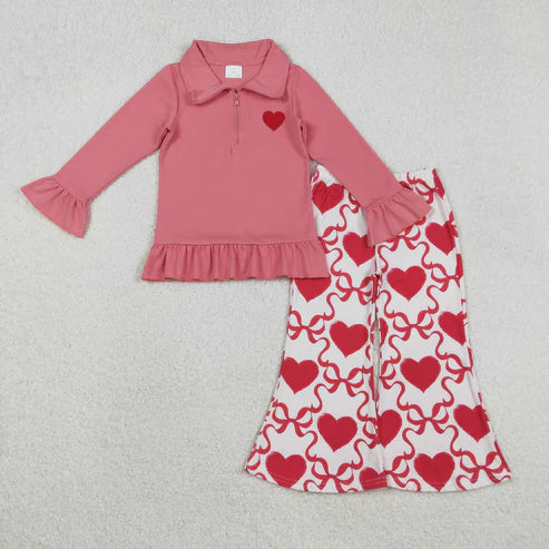 11.18 GT1271+P0895 Embroidery Heart Baby Girls Pink Zipper Pullovers Bell Bottom Pants Valentine Clothes Set