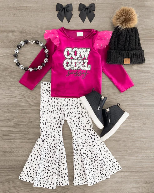 6.4 GLP2129 Baby Girls Cowgirl Sassy Shirt Dots Bell Pants Clothes Sets Preorder