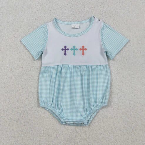 11.8 SR3215 Embroidery Baby Boys Short Sleeve Cross Easter Romper