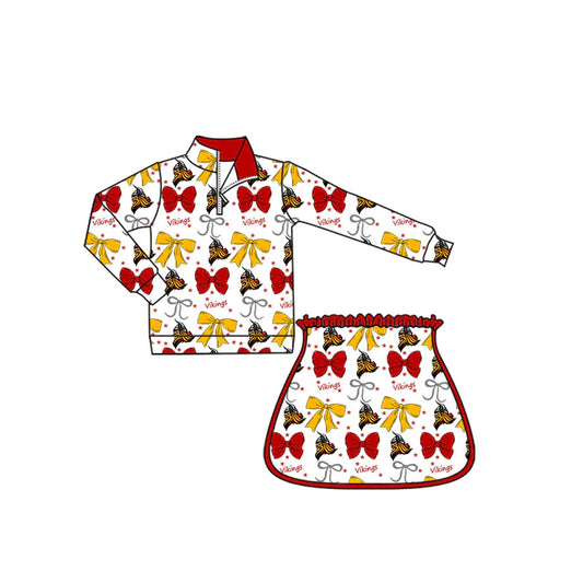 9.5 Custom Moq 5 Baby Girls White Vikings Bows Team Zip Pullovers Skort Team Clothes Sets