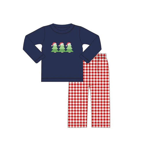6.7 BLP1083 Baby Boys Navy Long Sleeves Trees Hats Top Red Plaid Flame Pant Set Preorder