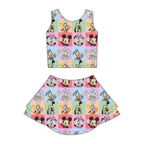 4.3 GSD2333 Baby Girls Sleeveless Cartoon Mouse Ducks Plaid Top Skort Yoga Set Preorder