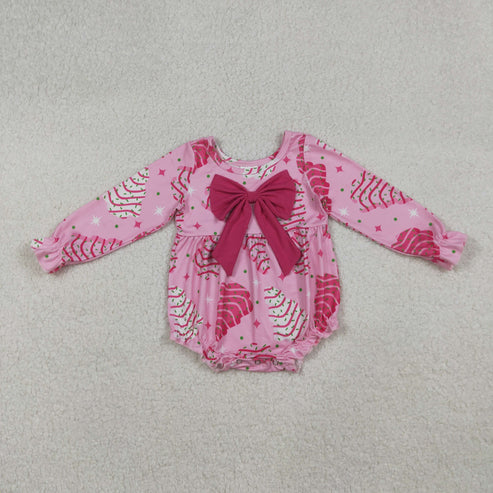 9.29 LR2586 Baby Girls Pink Christmas Trees Stars Plaid Bows Ruffle Romper
