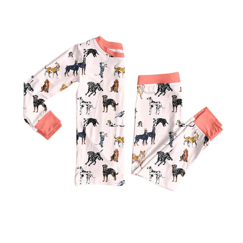 8.8 Custom Moq 5 Baby Girls Long Sleeves Dogs Plaid Top Pant Pajamas Set