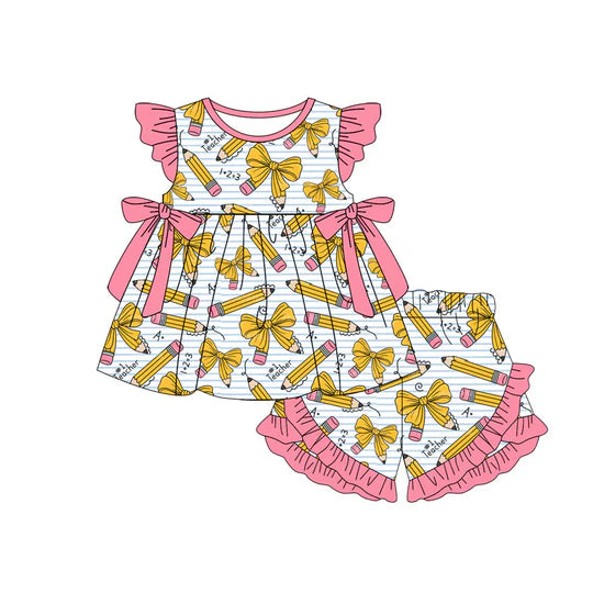 12.20 MOQ：5pcs GSSO3049 pre-order baby girl clothes pencil print toddler girl back to school summer outfit