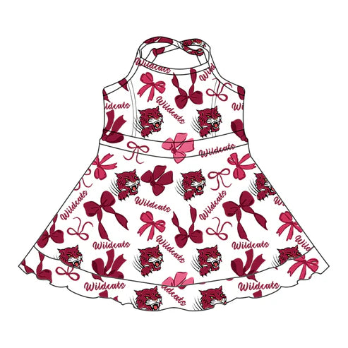 7.31 Custom Moq 5 Baby Girls Red Bows Wildcats Short Ruffle Team Knee Length Dresses
