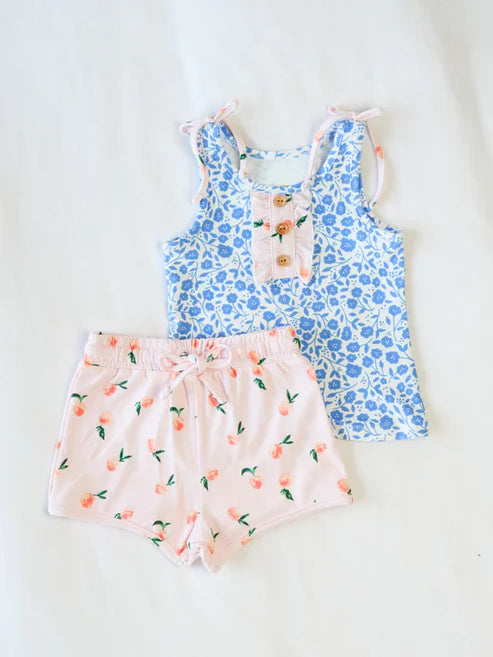 3.20 GSSO2355 Baby Girls Blue Sleeveless Floral Button Top Peach Shorts Set preorder