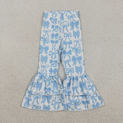 12.3 P0886 Baby Girls Blue Bows Plaid Yoga Bell Bottom Pants