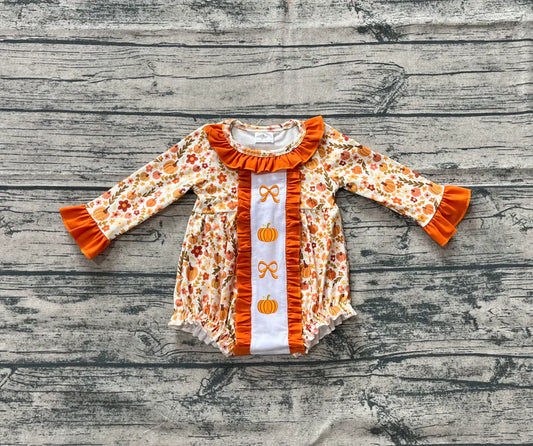 6.18 LR2228 Ruffle Baby Girls Long Sleeves Bows Pumpkins Floral Ruffle Rompers Preorder